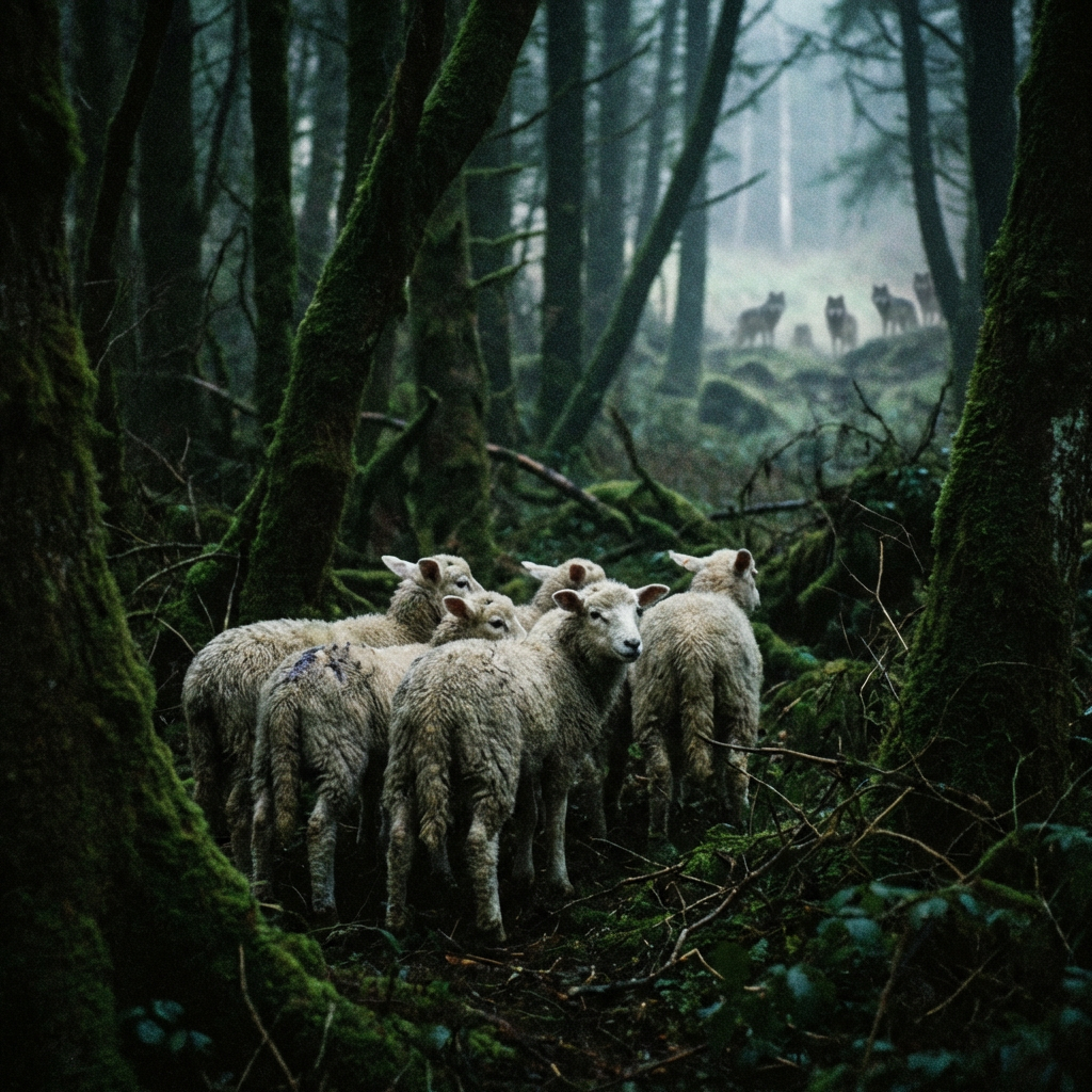 Lambs in shadowy forest with distant wolves