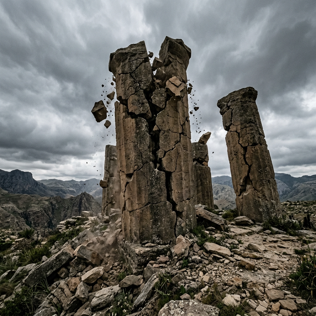 Ancient stone pillars cracking and breaking apart with falling debris in a rocky mountainous landscape.
