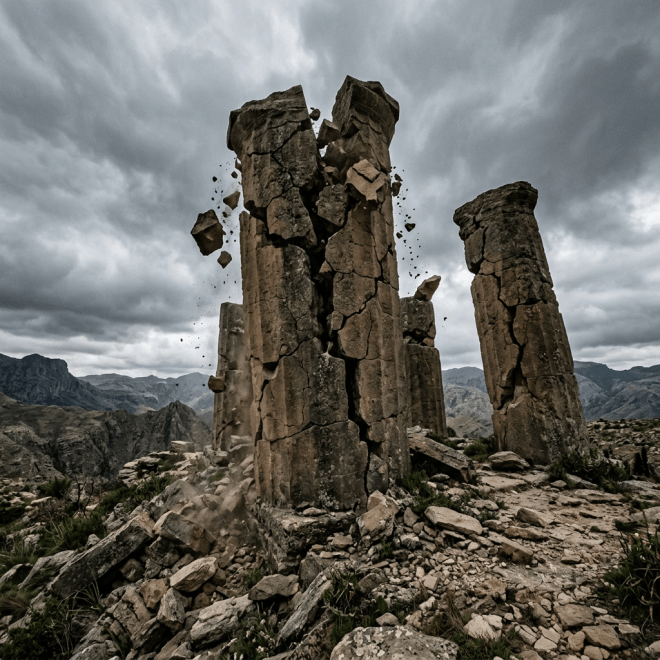 Ancient stone pillars cracking and breaking apart with falling debris in a rocky mountainous landscape.