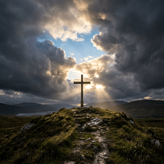 Wooden cross on hilltop with sunlight piercing through dark storm clouds