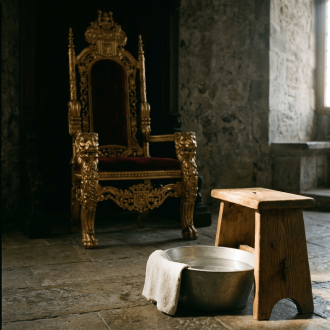 An ornate golden throne with red velvet cushioning next to a wooden stool and a metal basin with a towel