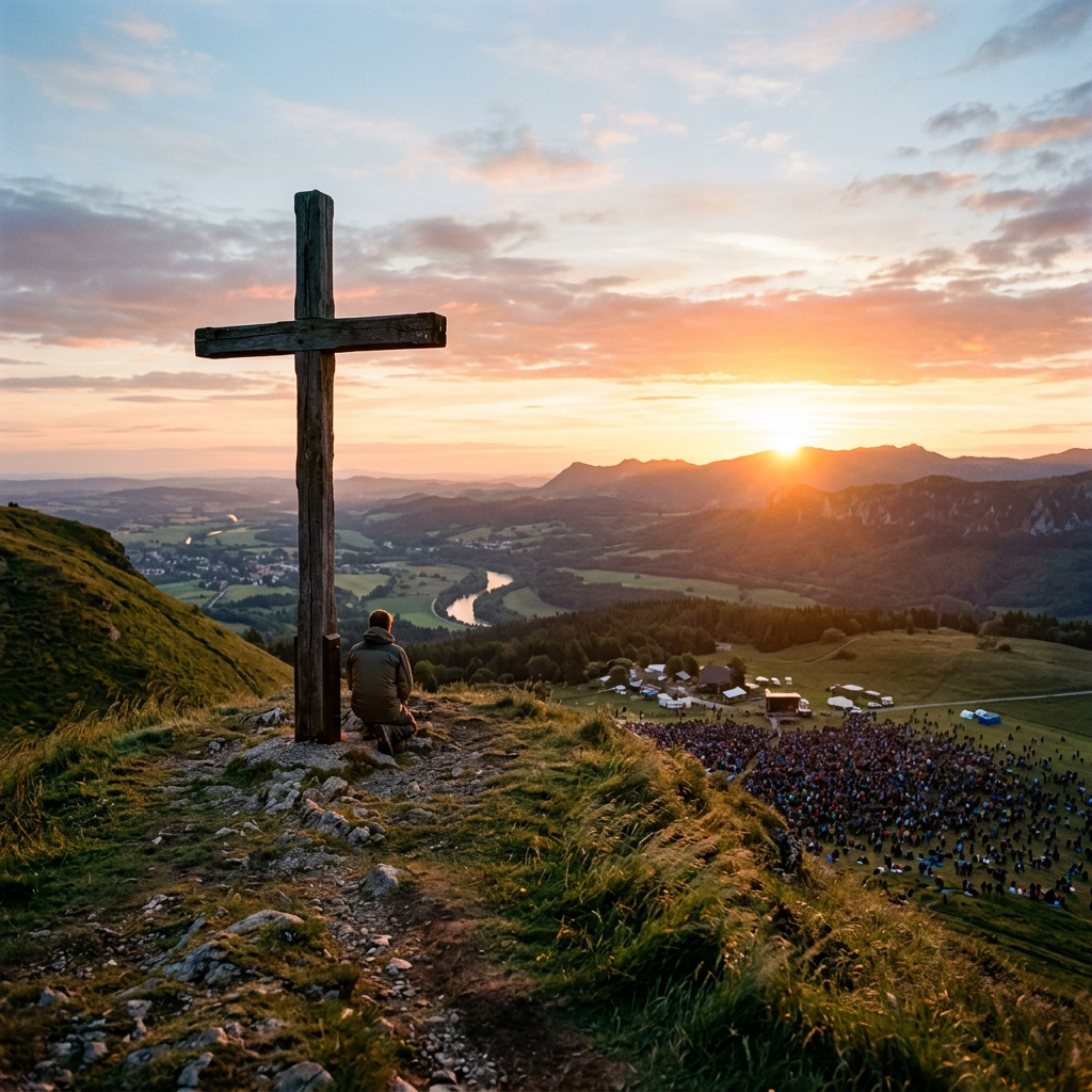 Person sitting near a wooden cross on a hilltop at sunset overlooking a valley with a river and crowd below