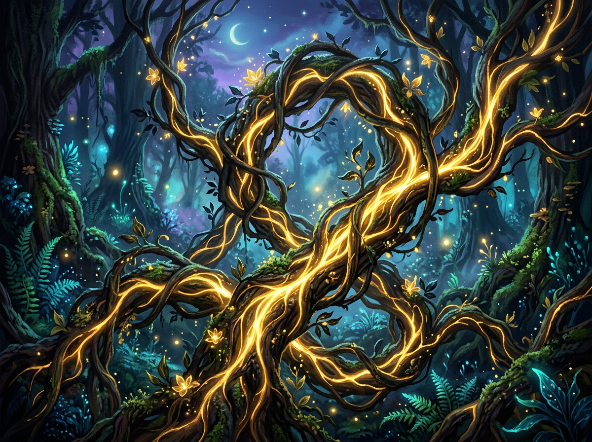 Enchanted moonlit forest with glowing golden branches and fireflies