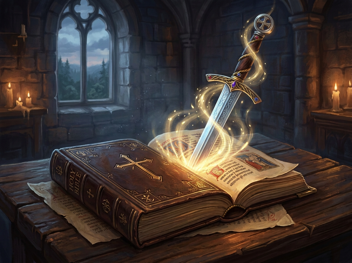 Glowing sword emerging from an open Bible in a candlelit chapel